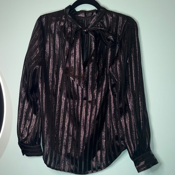 J. Crew Tops - NWT J.Crew Black Metallic Stripe Tie-Neck Blouse Sz S